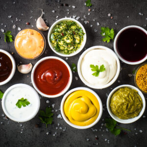 Set,Of,Sauces, ,Ketchup,,Mayonnaise,,Mustard,Soy,Sauce,,Bbq